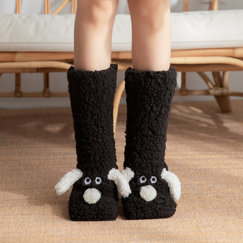 Women’s Cartoon Dog Plush Floor Socks Non-Slip Warm Winter Lounge Socks-Bon Voyage Vintage