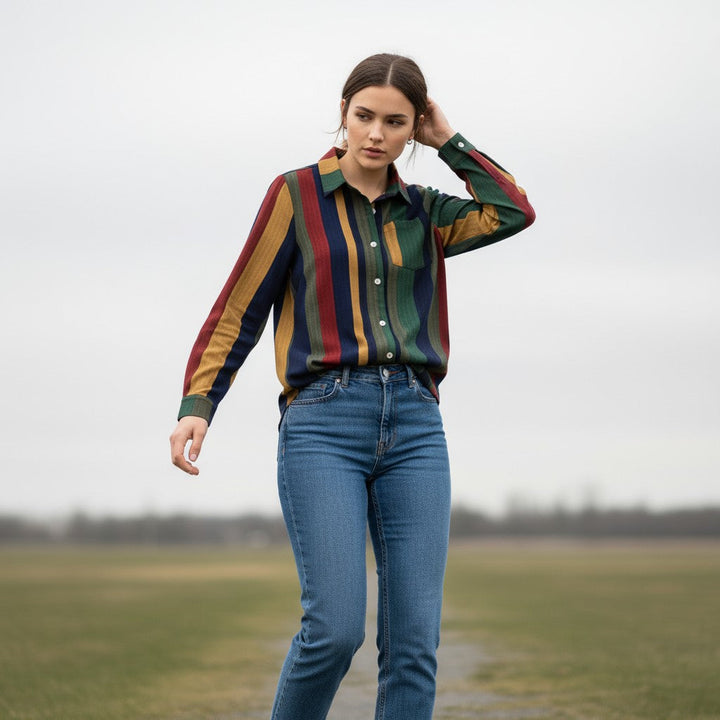 Women's Contrast Color Button-Down Blouse-Bon Voyage Vintage