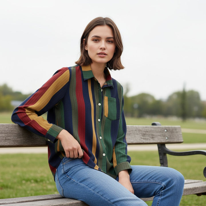 Women's Contrast Color Button-Down Blouse-Bon Voyage Vintage