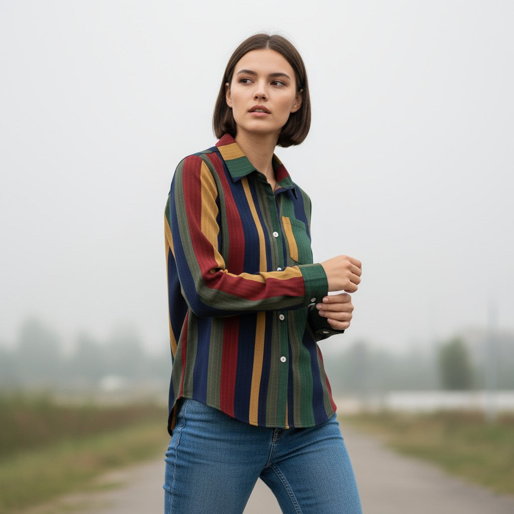 Women's Contrast Color Button-Down Blouse-Bon Voyage Vintage