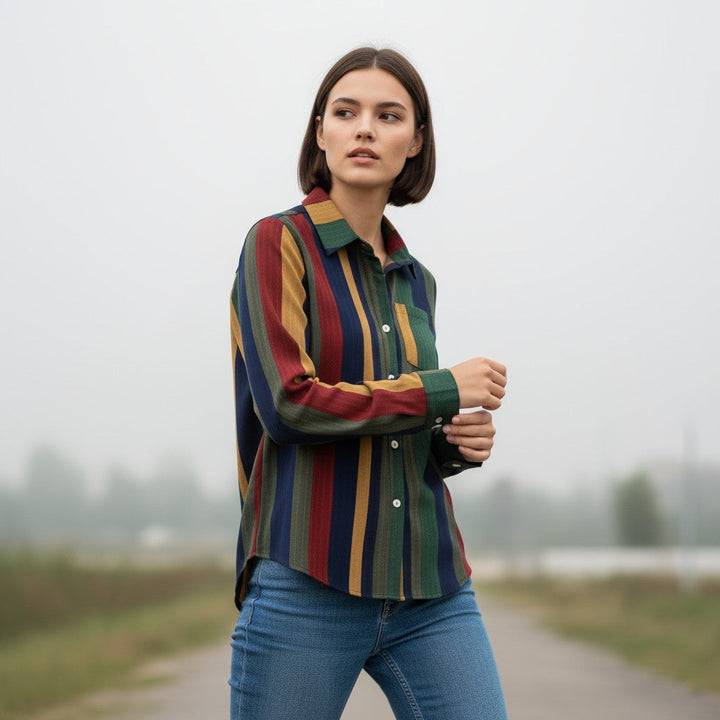 Women's Contrast Color Button-Down Blouse-Bon Voyage Vintage