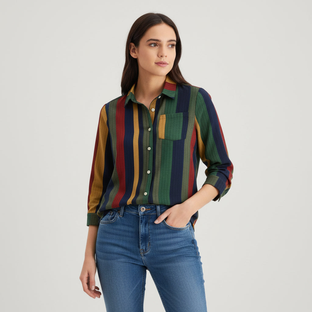 Women's Contrast Color Button-Down Blouse-Bon Voyage Vintage