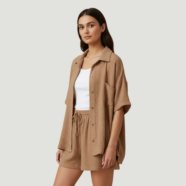Women's Cotton Linen Button Shirt and Shorts Set-Bon Voyage Vintage