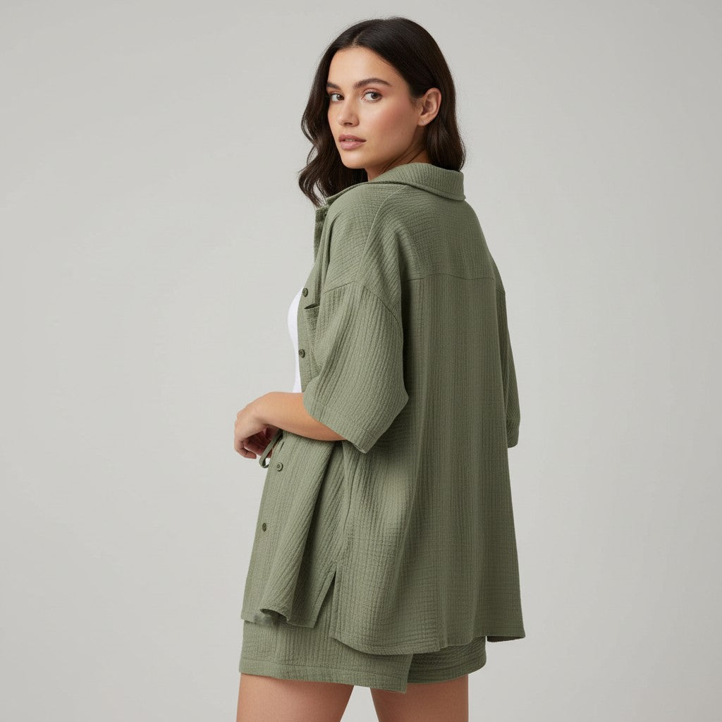 Women's Cotton Linen Button Shirt and Shorts Set-Bon Voyage Vintage