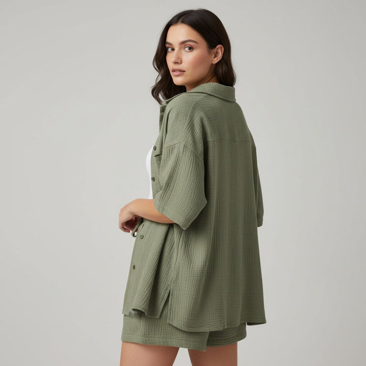 Women's Cotton Linen Button Shirt and Shorts Set-Bon Voyage Vintage