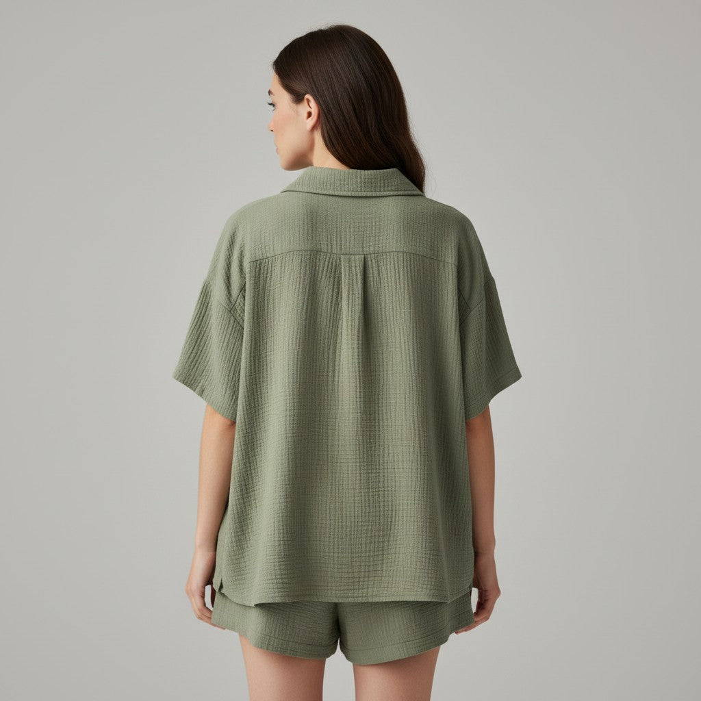 Women's Cotton Linen Button Shirt and Shorts Set-Bon Voyage Vintage