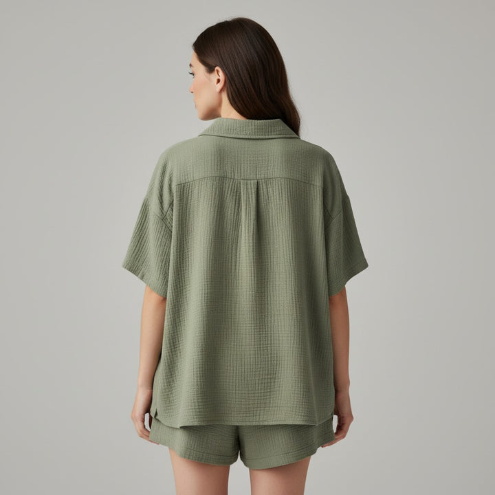 Women's Cotton Linen Button Shirt and Shorts Set-Bon Voyage Vintage