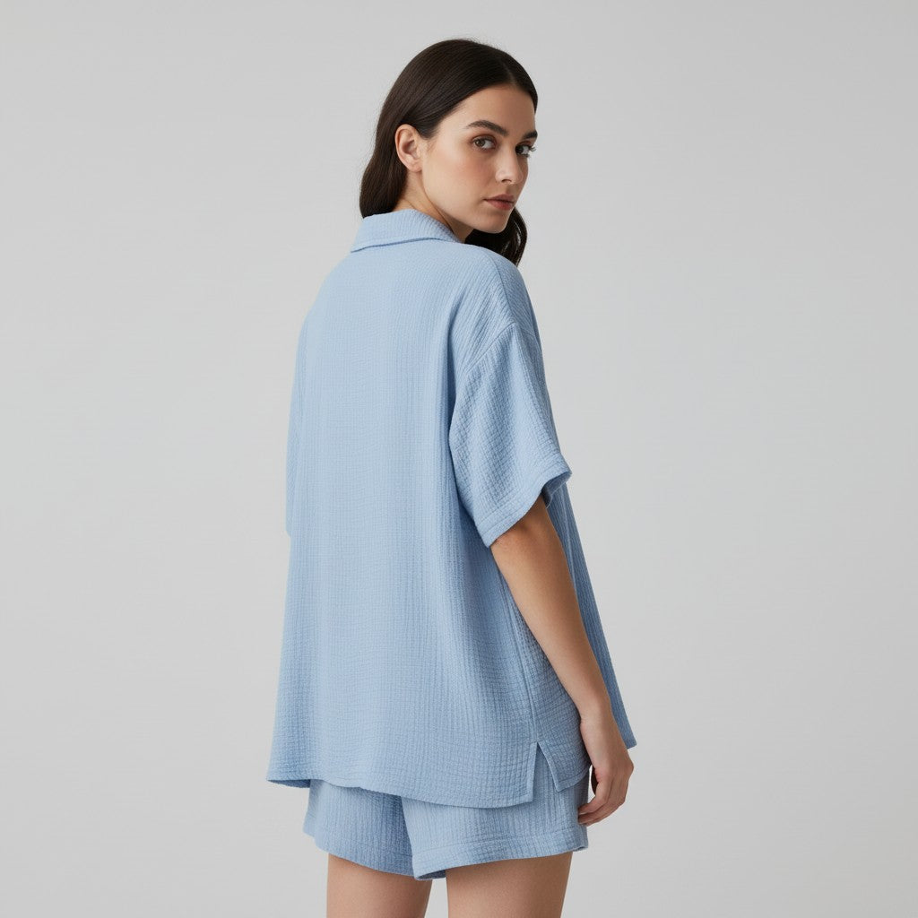 Women's Cotton Linen Button Shirt and Shorts Set-Bon Voyage Vintage