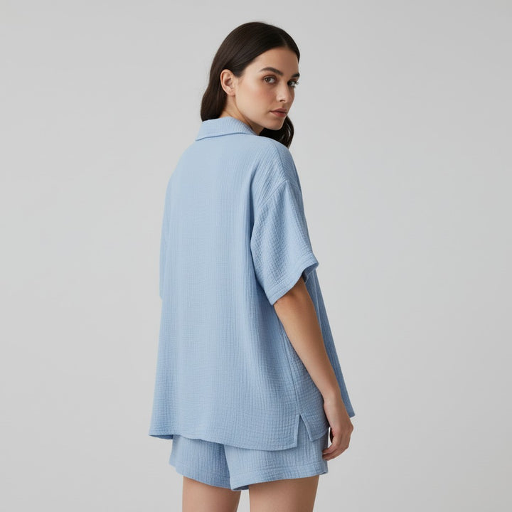 Women's Cotton Linen Button Shirt and Shorts Set-Bon Voyage Vintage