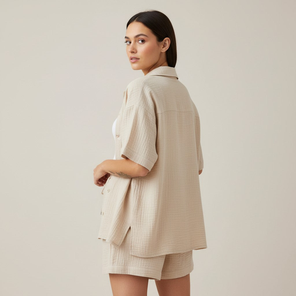 Women's Cotton Linen Button Shirt and Shorts Set-Bon Voyage Vintage