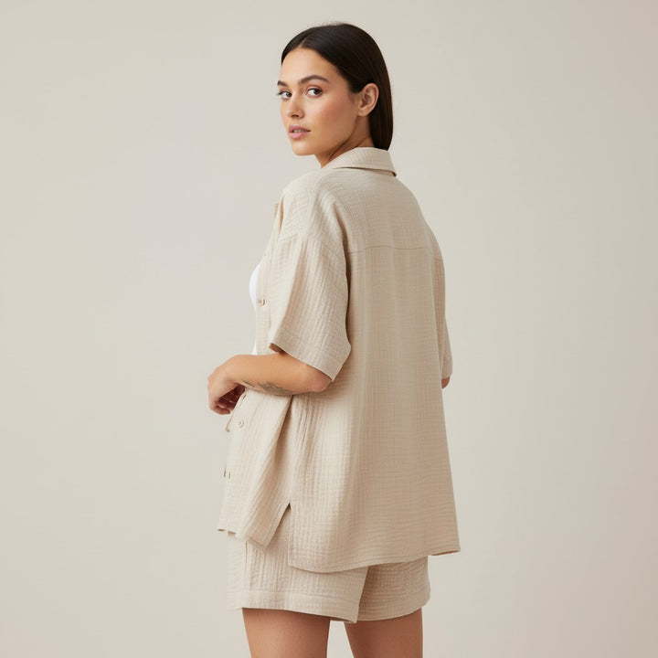 Women's Cotton Linen Button Shirt and Shorts Set-Bon Voyage Vintage