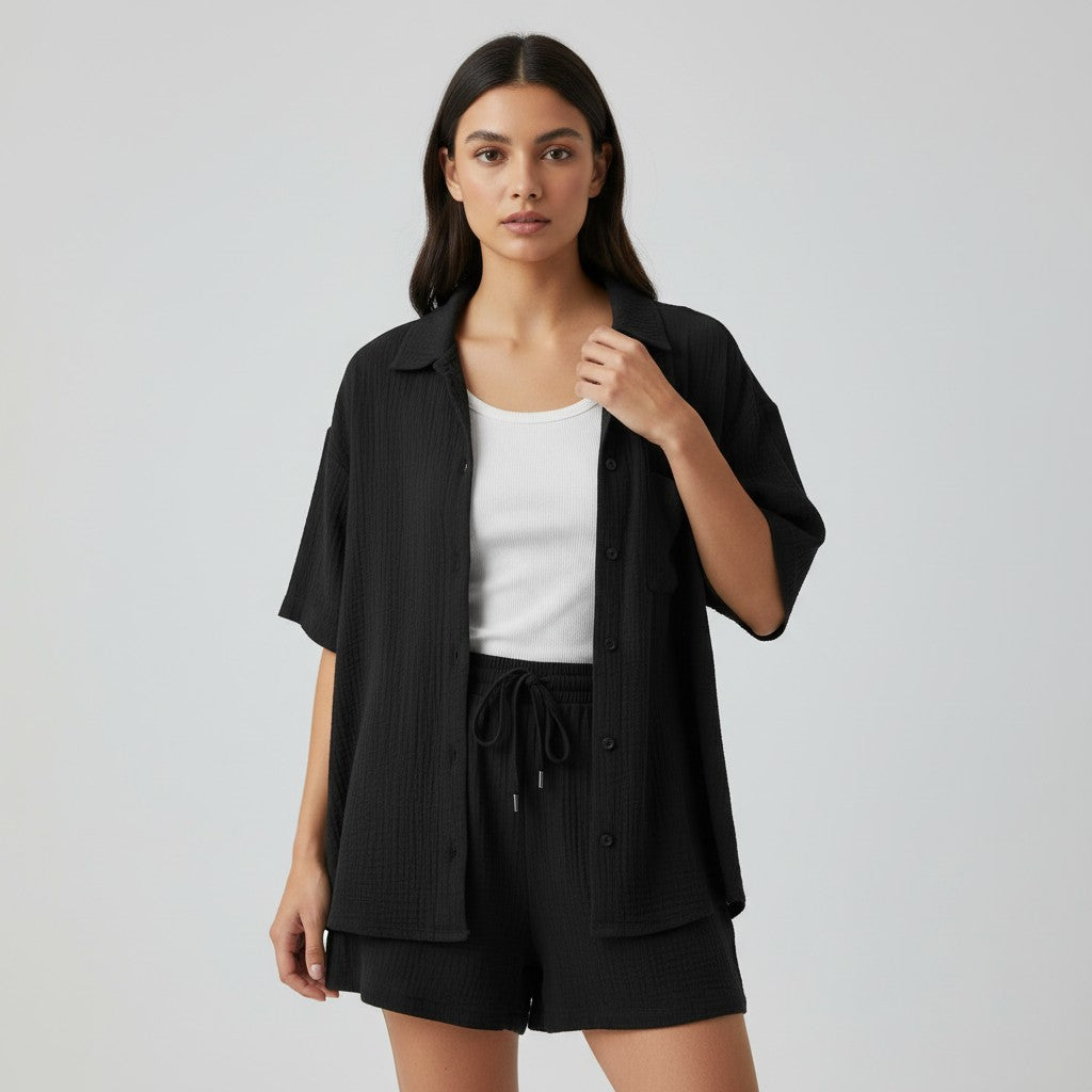 Women's Cotton Linen Button Shirt and Shorts Set-Bon Voyage Vintage