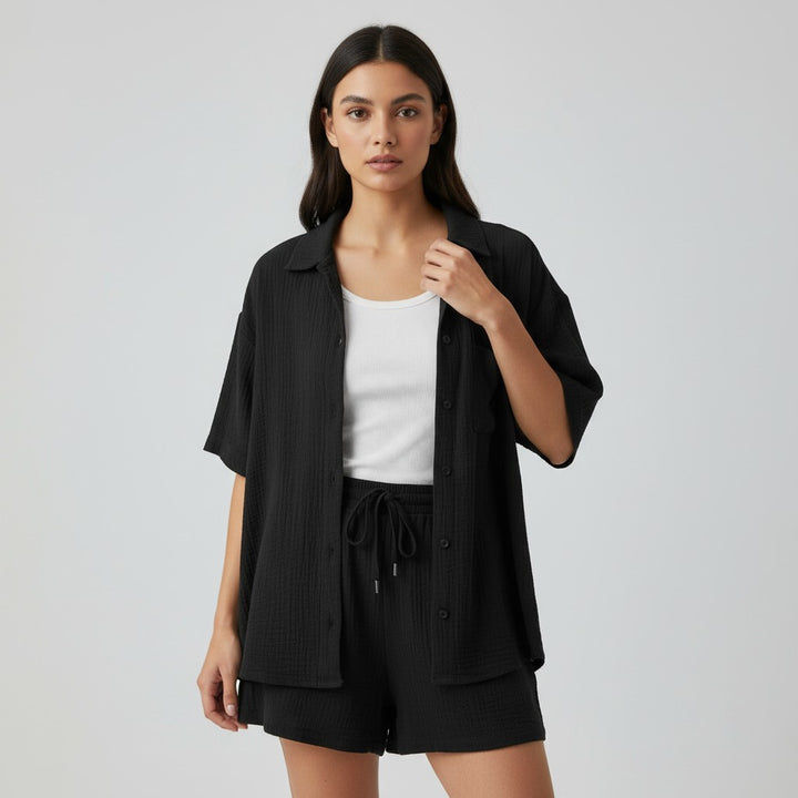 Women's Cotton Linen Button Shirt and Shorts Set-Bon Voyage Vintage
