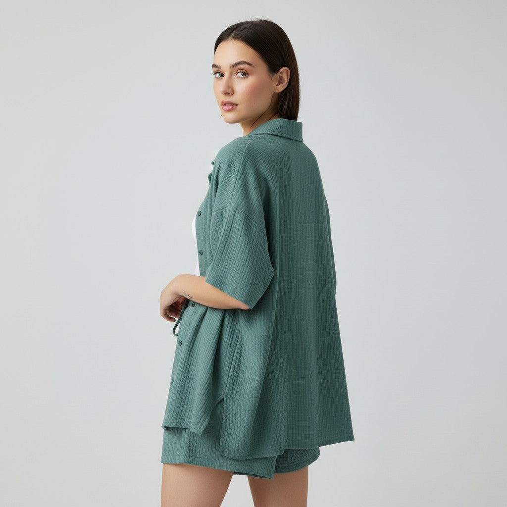Women's Cotton Linen Button Shirt and Shorts Set-Bon Voyage Vintage