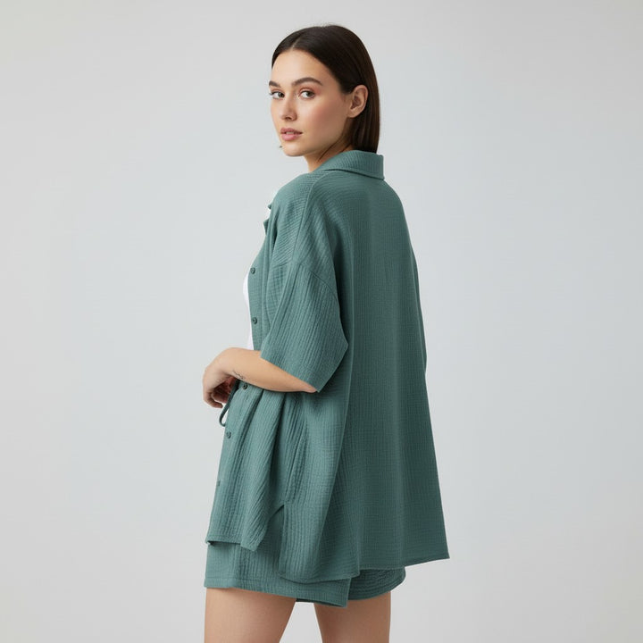 Women's Cotton Linen Button Shirt and Shorts Set-Bon Voyage Vintage