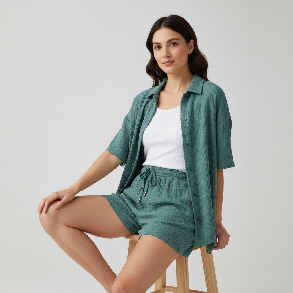 Women's Cotton Linen Button Shirt and Shorts Set-Bon Voyage Vintage