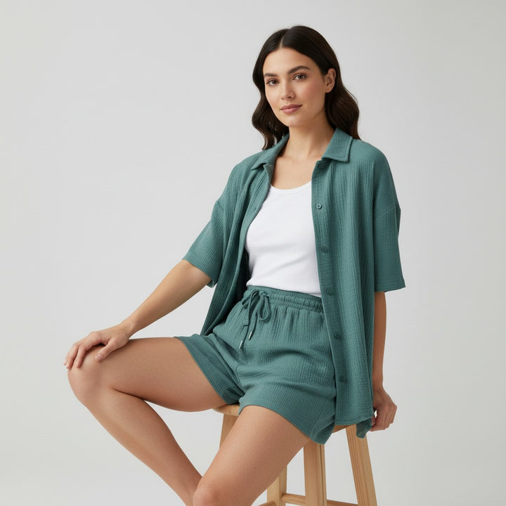 Women's Cotton Linen Button Shirt and Shorts Set-Bon Voyage Vintage