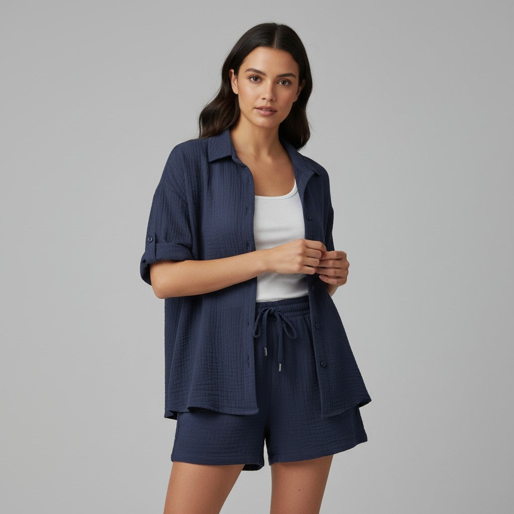 Women's Cotton Linen Button Shirt and Shorts Set-Bon Voyage Vintage