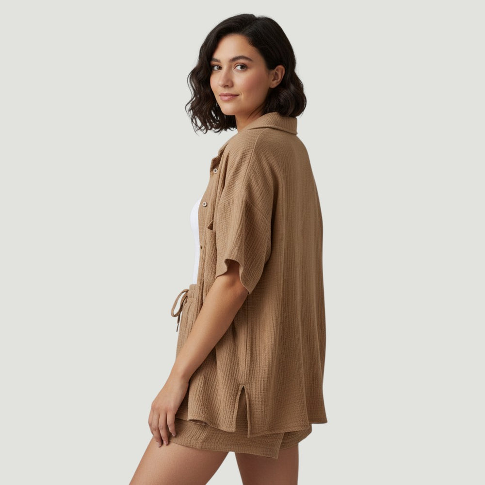 Women's Cotton Linen Button Shirt and Shorts Set-Bon Voyage Vintage