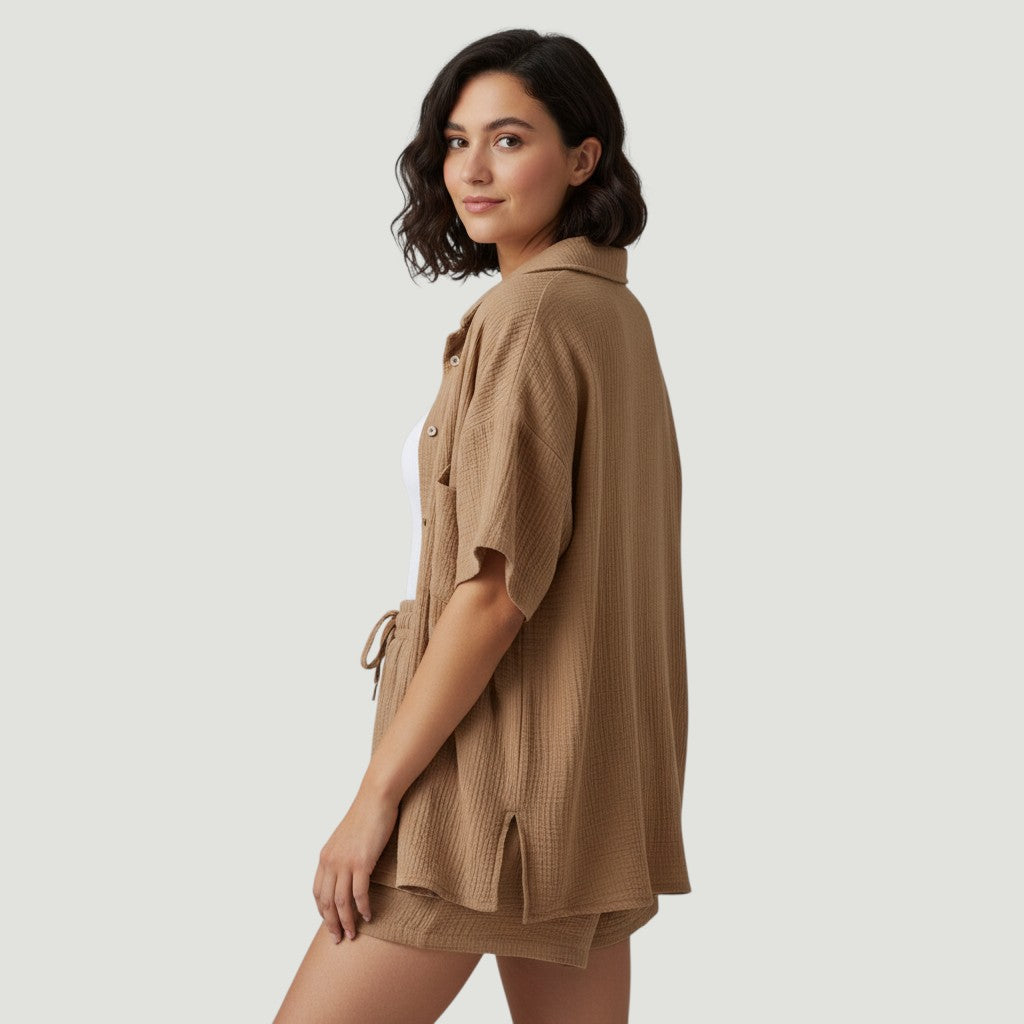 Women's Cotton Linen Button Shirt and Shorts Set-Bon Voyage Vintage