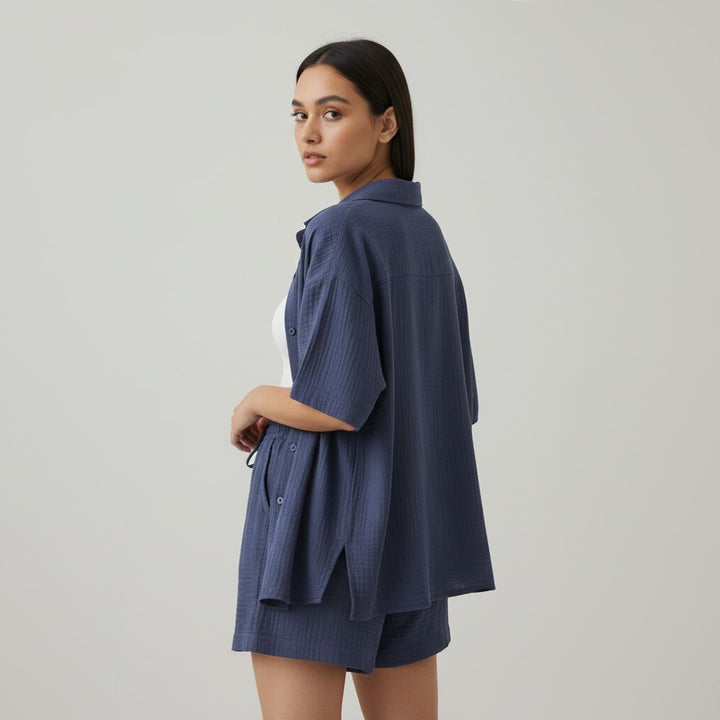 Women's Cotton Linen Button Shirt and Shorts Set-Bon Voyage Vintage