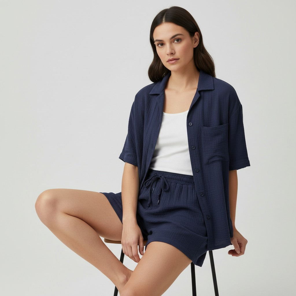 Women's Cotton Linen Button Shirt and Shorts Set-Bon Voyage Vintage