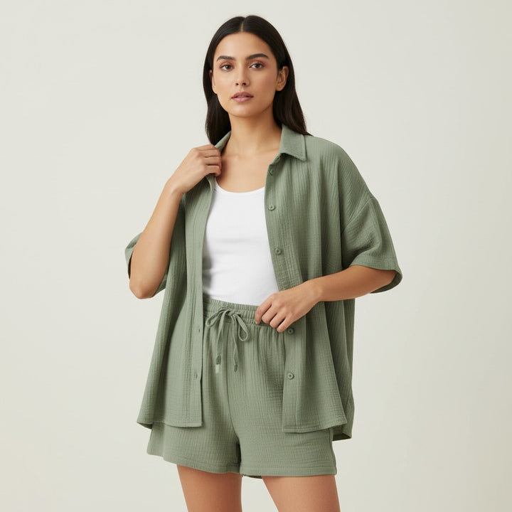 Women's Cotton Linen Button Shirt and Shorts Set-Bon Voyage Vintage