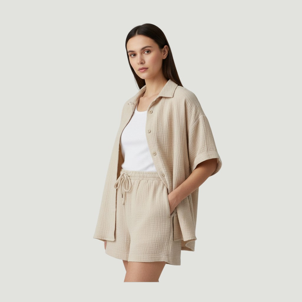 Women's Cotton Linen Button Shirt and Shorts Set-Bon Voyage Vintage