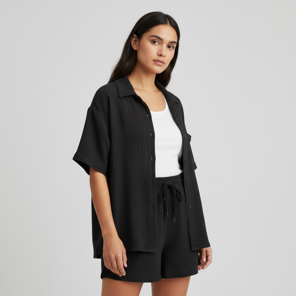 Women's Cotton Linen Button Shirt and Shorts Set-Bon Voyage Vintage