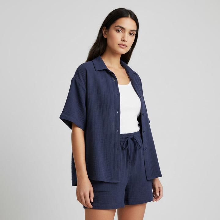 Women's Cotton Linen Button Shirt and Shorts Set-Bon Voyage Vintage