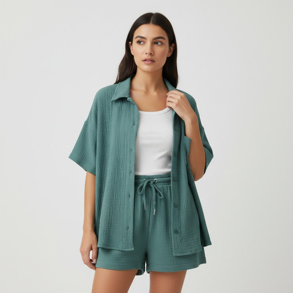 Women's Cotton Linen Button Shirt and Shorts Set-Bon Voyage Vintage