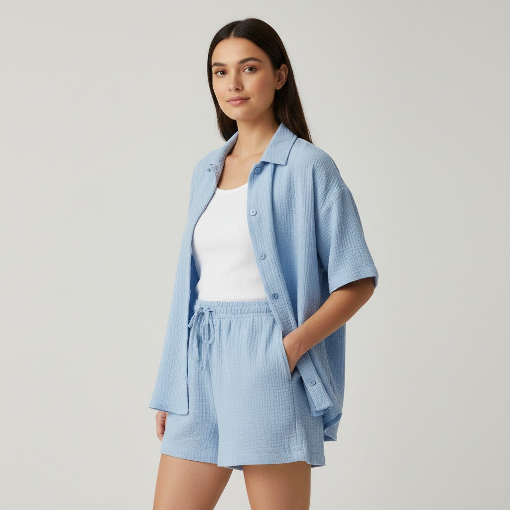 Women's Cotton Linen Button Shirt and Shorts Set-Bon Voyage Vintage