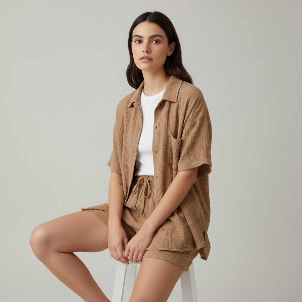 Women's Cotton Linen Button Shirt and Shorts Set-Bon Voyage Vintage