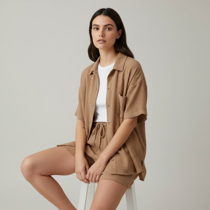 Women's Cotton Linen Button Shirt and Shorts Set-Bon Voyage Vintage