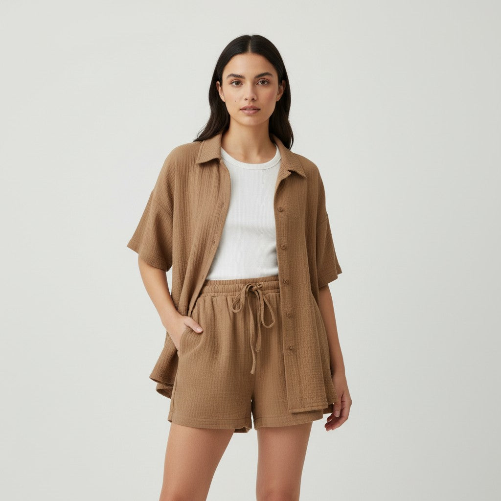 Women's Cotton Linen Button Shirt and Shorts Set-Bon Voyage Vintage