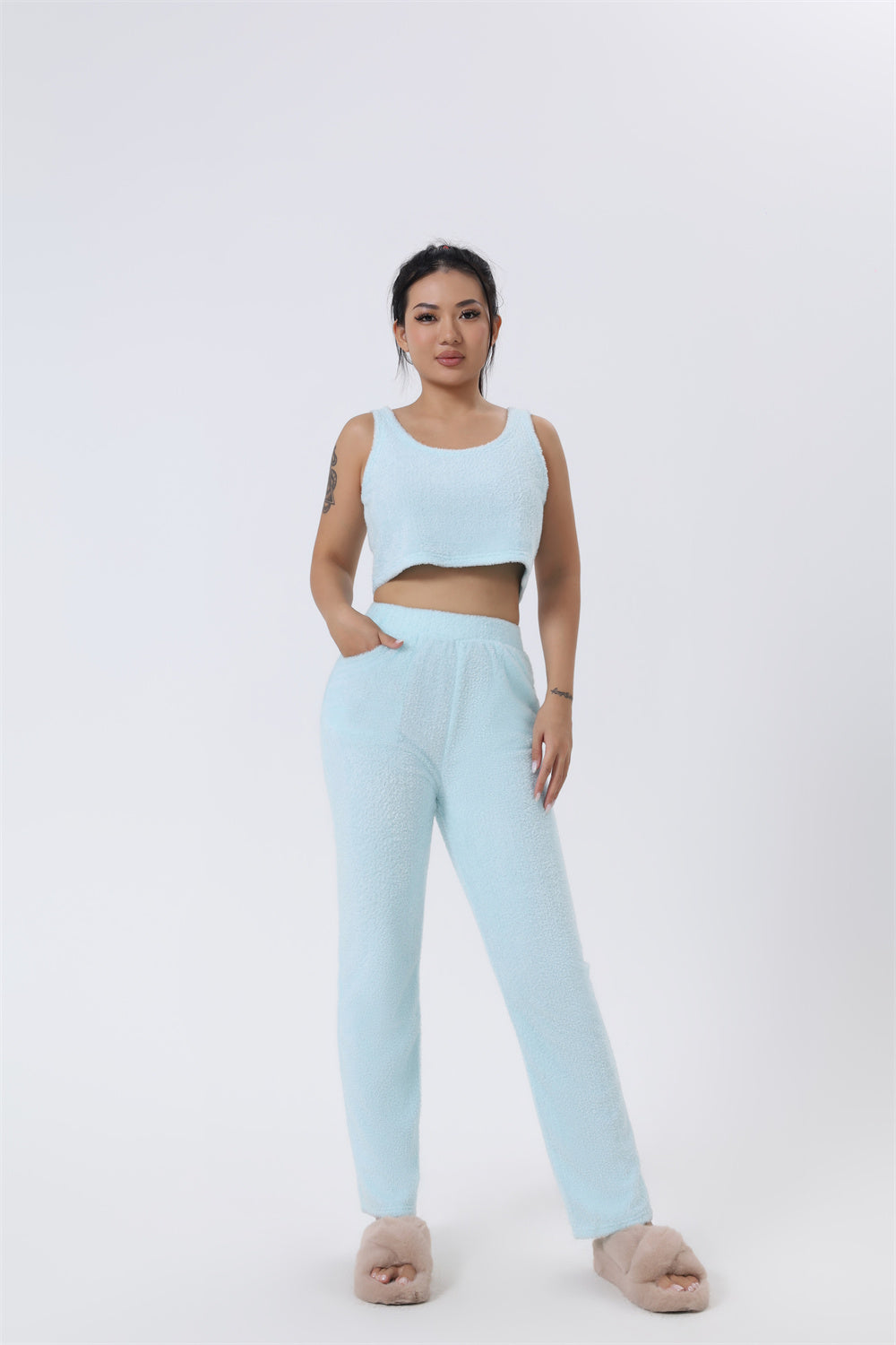 Women’s Cozy 3 Piece Pajama Set Crop Top, Wide-Leg Pants and Pullover Lounge Set-Bon Voyage Vintage