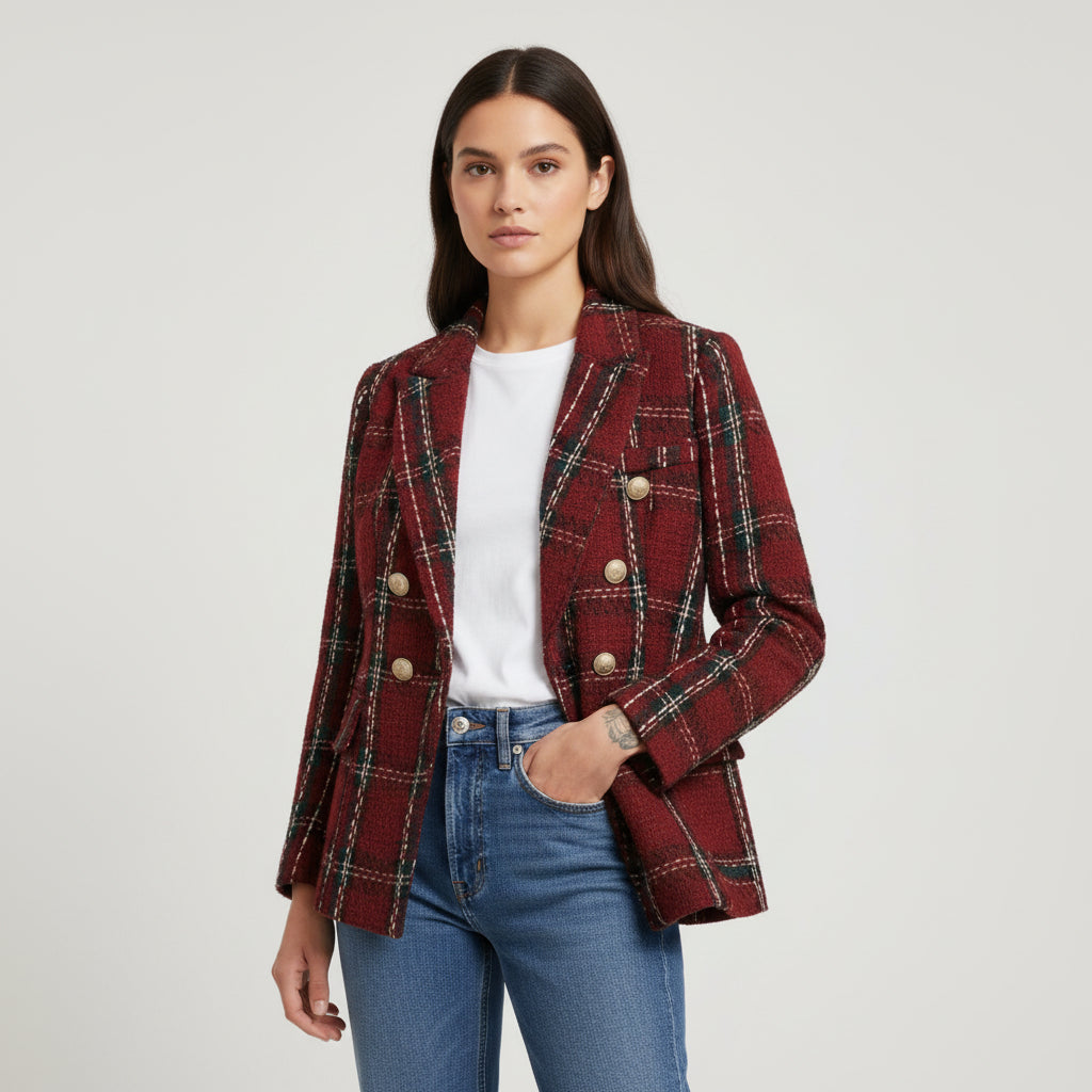 Women's Elegant Checkered Long Sleeve Blazer-Bon Voyage Vintage