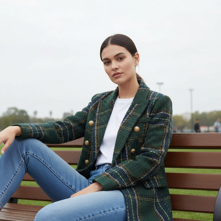 Women's Elegant Checkered Long Sleeve Blazer-Bon Voyage Vintage