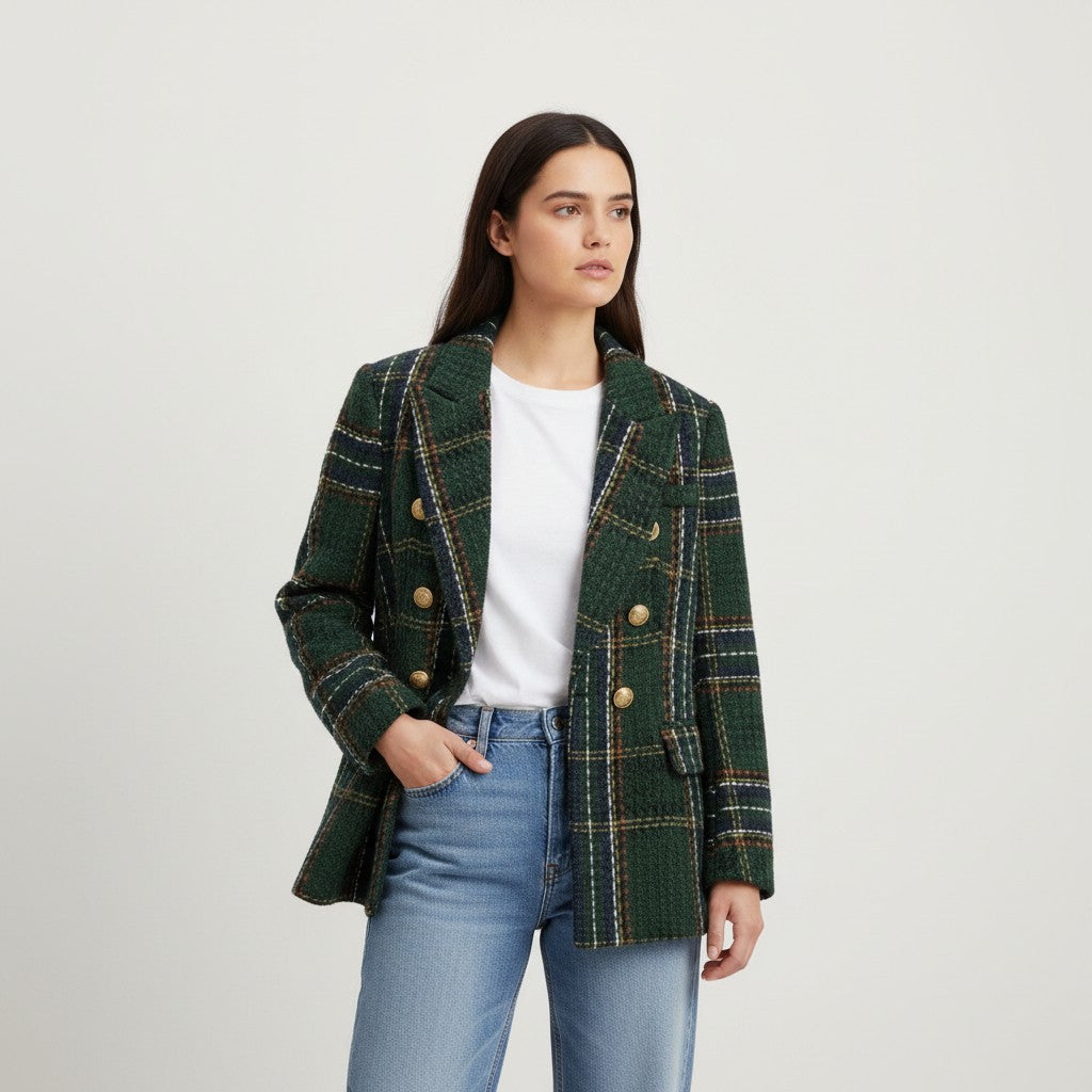 Women's Elegant Checkered Long Sleeve Blazer