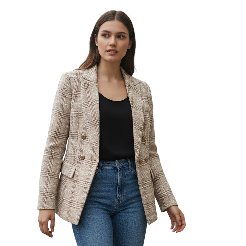 Women's Elegant Checkered Long Sleeve Blazer-Bon Voyage Vintage