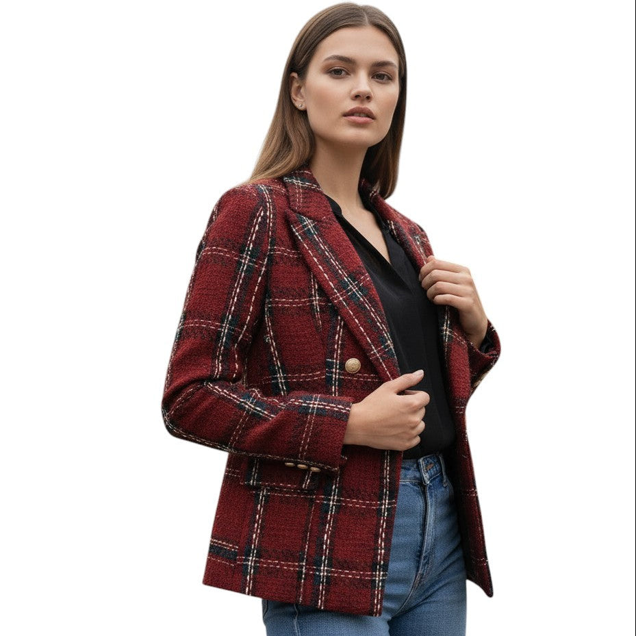 Women's Elegant Checkered Long Sleeve Blazer-Bon Voyage Vintage