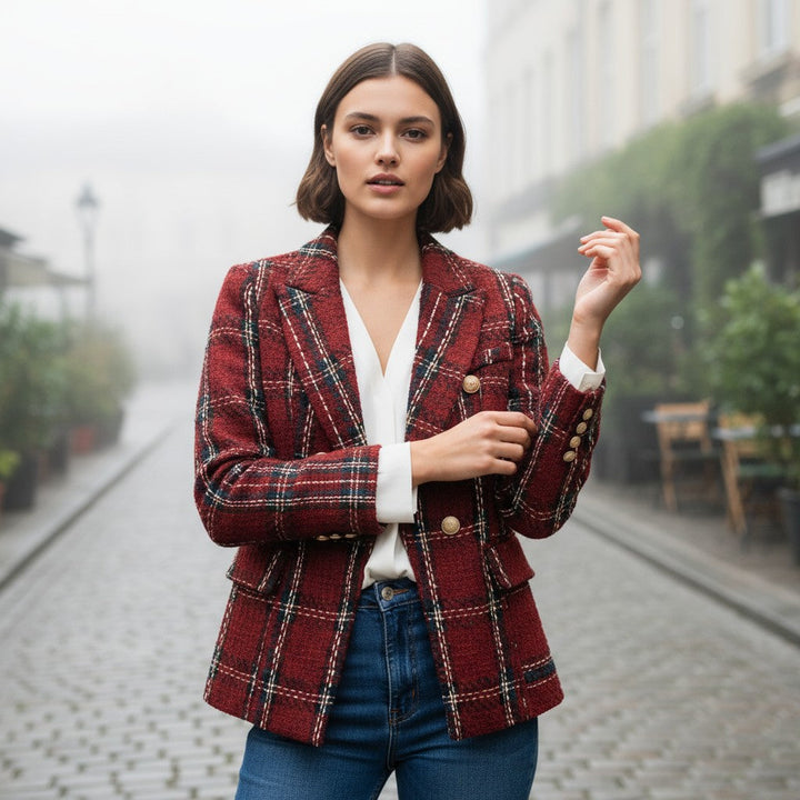 Women's Elegant Checkered Long Sleeve Blazer-Bon Voyage Vintage
