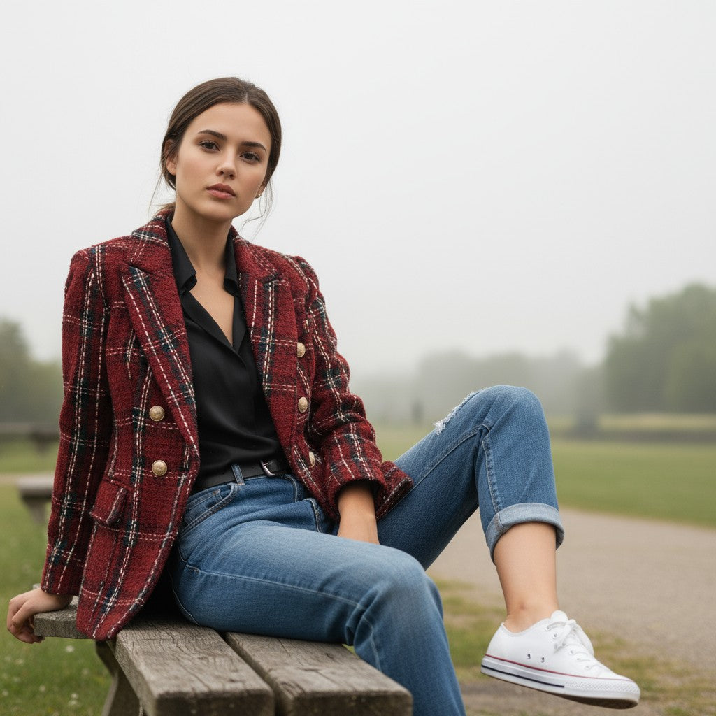 Women's Elegant Checkered Long Sleeve Blazer-Bon Voyage Vintage