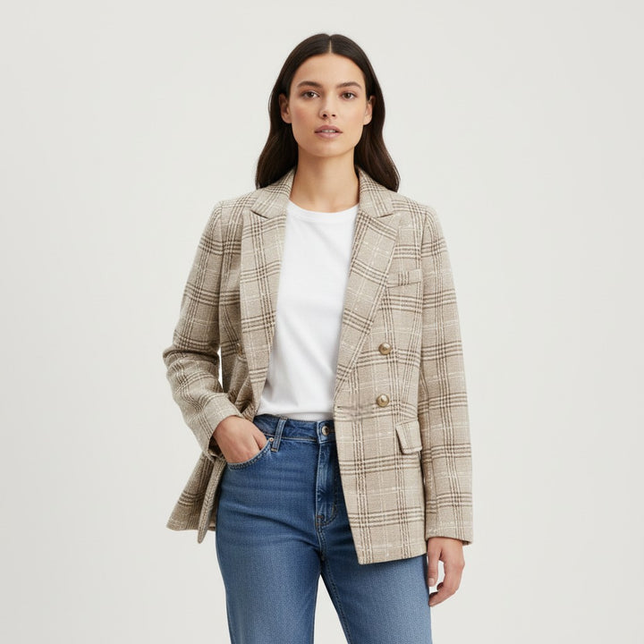 Women's Elegant Checkered Long Sleeve Blazer-Bon Voyage Vintage