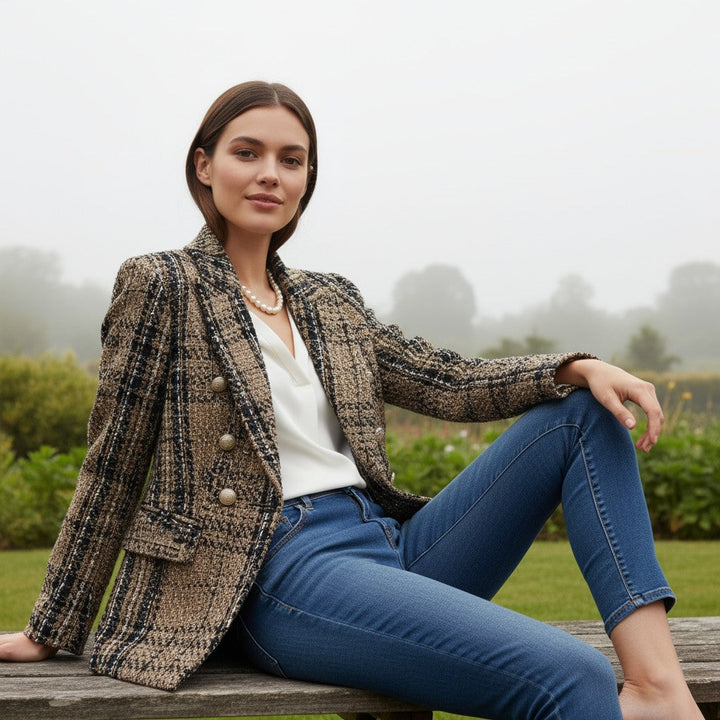 Women's Elegant Checkered Long Sleeve Blazer-Bon Voyage Vintage