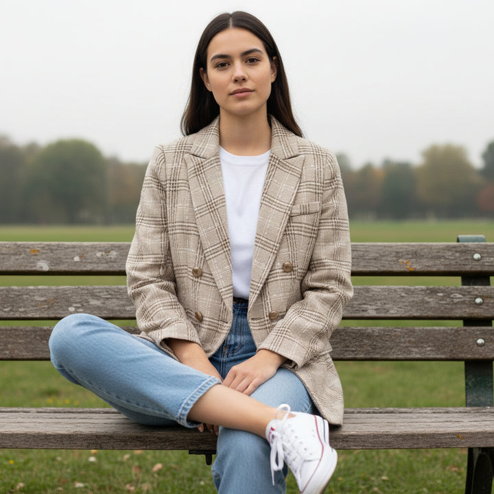 Women's Elegant Checkered Long Sleeve Blazer-Bon Voyage Vintage