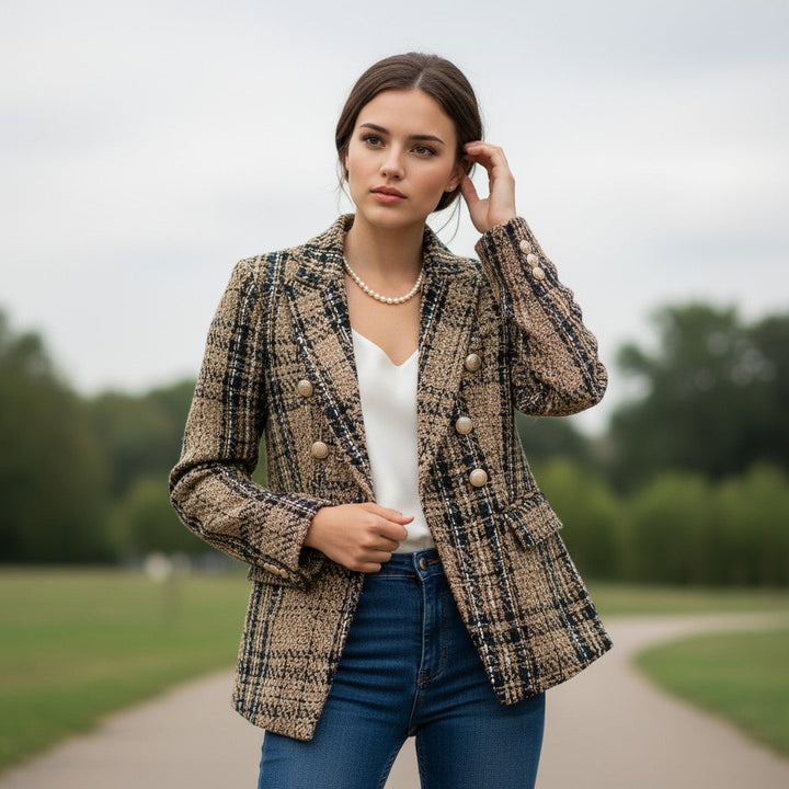 Women's Elegant Checkered Long Sleeve Blazer-Bon Voyage Vintage