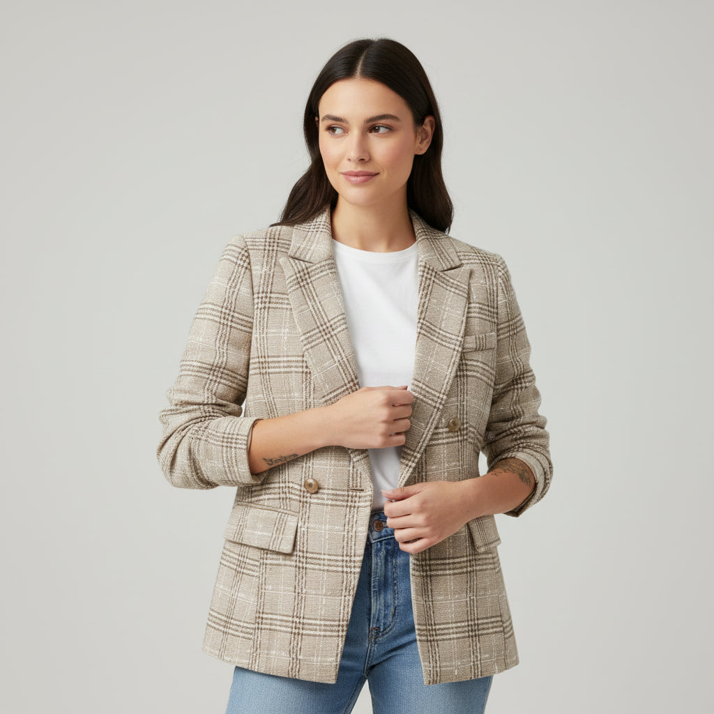 Women's Elegant Checkered Long Sleeve Blazer-Bon Voyage Vintage