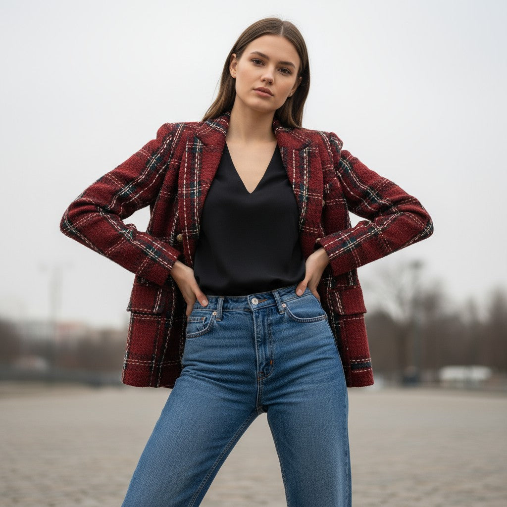 Women's Elegant Checkered Long Sleeve Blazer-Bon Voyage Vintage