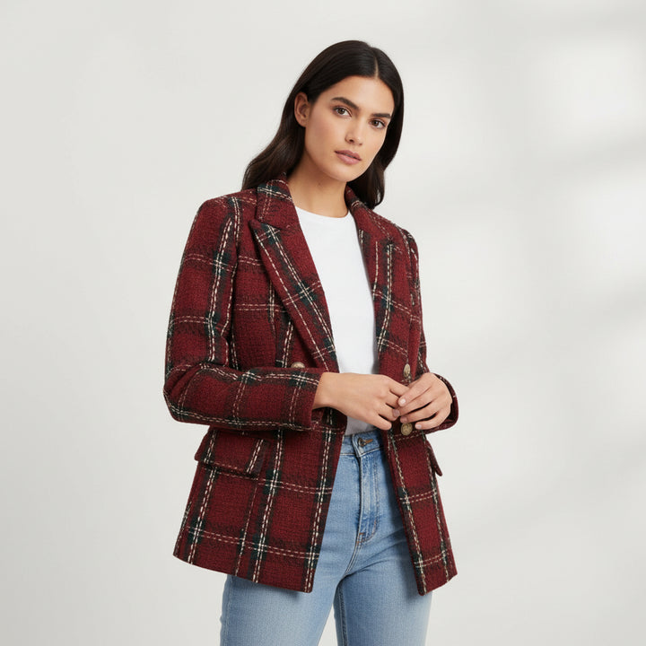 Women's Elegant Checkered Long Sleeve Blazer-Bon Voyage Vintage